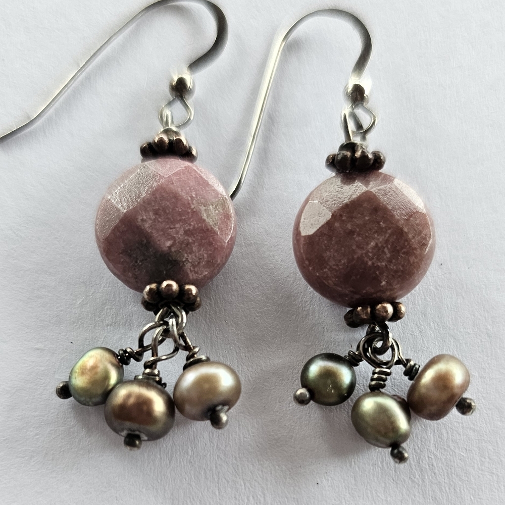 Sterling Rhodonite and Pearls Earrings.